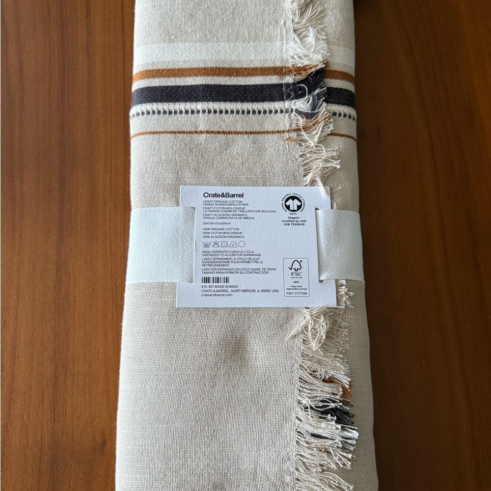 NWT Crate&Barrel Organic Cotton Camino Table Runner - Cream